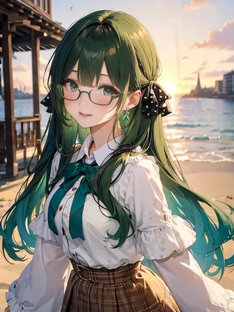 （Glasses）、小さなgirl、The arrival of autumn、big butt、 (alone:1.5,)Super detailed,bright colors, very beautiful detailed anime face and eyes,highest quality, hyper detail, masterpiece, look straight, ;shiny_skin,girl, ((gradient hair, , Half white、Half green ha...