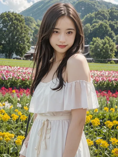 1 girl, dynamic angle, clouds and mountains, (flower field:1.4) in the foreground, white dress, light tracking, (multi-colored w...