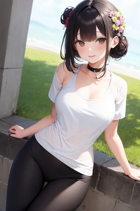 masterpiece、、1 female student、(((Missing arm，bare arms，black short sleeves)))white cloth bun、Shoulder leakage、chubby、Smile、(((、lace slap、black yoga pants)))pale pink lips、posing at school，（Soaked all over），legs are open， solo, White Polo Shirt, looking at ...