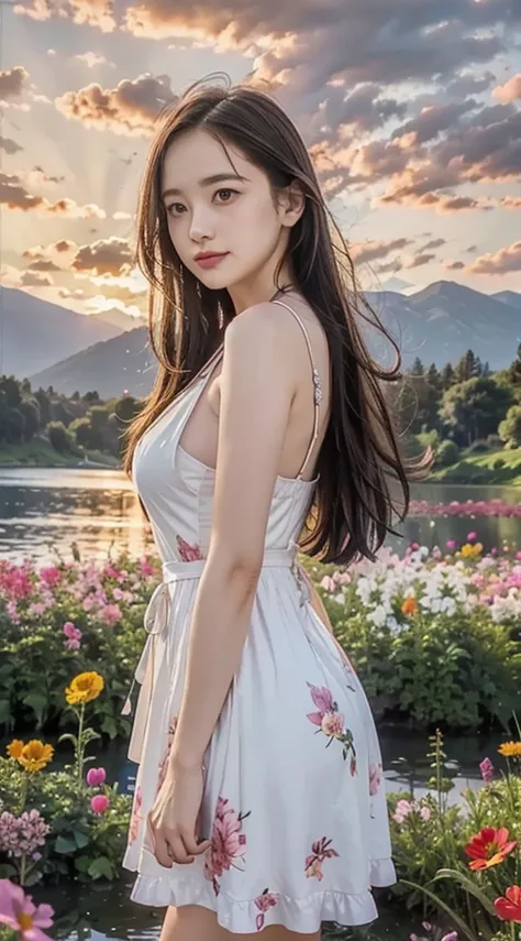 1 girl, dynamic angle, clouds and mountains, (flower field:1.4) in the foreground, white dress, light tracking, (multi-colored w...