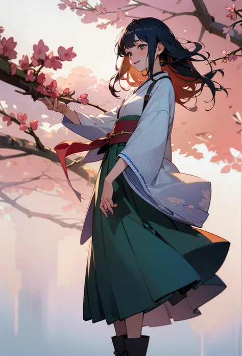 photo realistic, (masterpiece, best quality), 1girl,cute,baby face,japanese Taisho-era female student wearing a kimono(cherry blossom pattern kimono) and long skirt(navy skirt) and brown boots,long hair,eyes with large brown irises, small mouth, fresh lips...