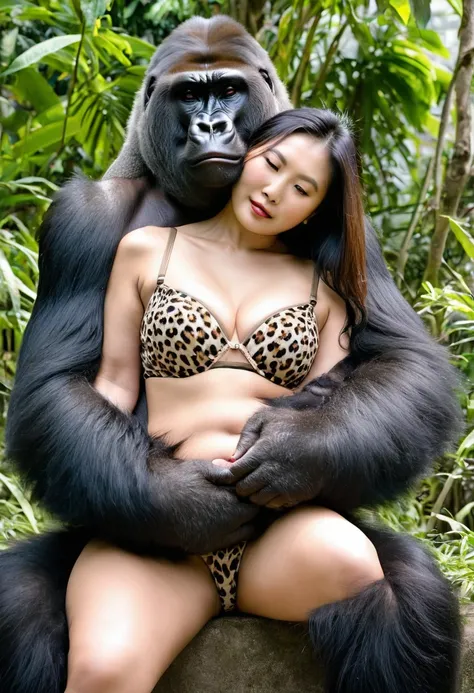 giant gorilla  monster carries  faint limp  topless beautiful horny aroused  leopard thong mature  asian woman in his arms embrace sitting on his lap damsel in distress cuddling big breasts kissing nsfw 