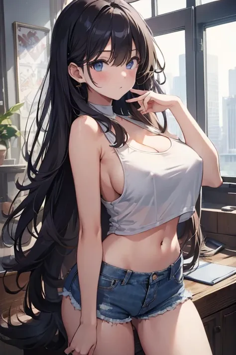 (masterpiece, highest quality:1.2), 1 girl, alone,Are standing_Split, 
long hair, white sleeveless tank top，Blue Denim Shorts、camel toe、huge tit、nipple puff、cleavage、raise one leg