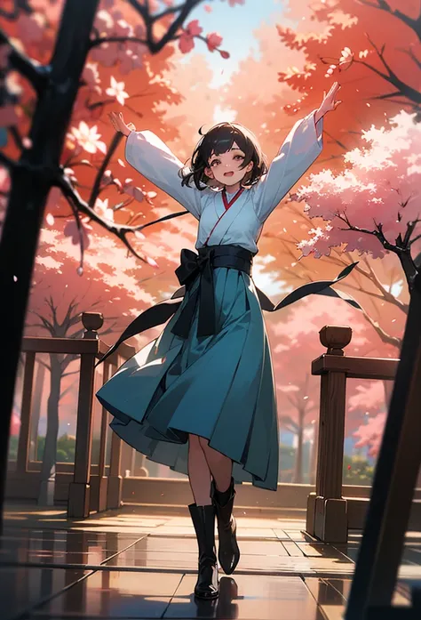 photo realistic, (masterpiece, best quality), 1girl,cute,baby face,japanese Taisho-era female student wearing a kimono(cherry blossom pattern kimono) and long skirt(navy skirt) and brown boots,
((raising her arms:1.4)),long hair,eyes with large brown irise...