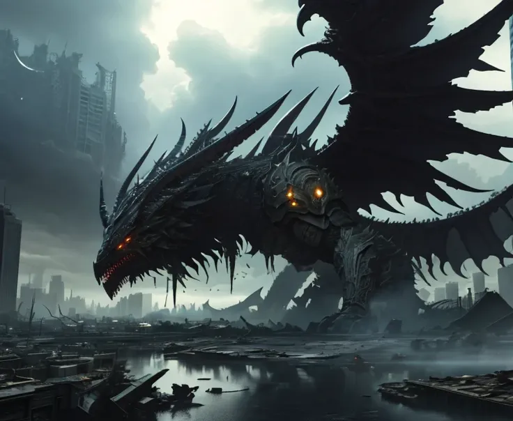 Within the ruins of an urban sprawl, a behemoth wreaks havoc, not only reshaping the city but also manipulating the natural elements to its will. As its gargantuan wings beat, the monster summons a maelstrom that engulfs the skyline, twisting metal and gla...