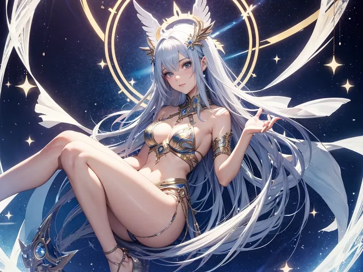 a goddess of the magic, sexy and beautiful, upright star totem float behind the back, magic circle on feets, halo, super textured skin, super detail face, perfect face, Super fine facial details, beautiful and delicate eyes, perfect eyes, anatomically corr...