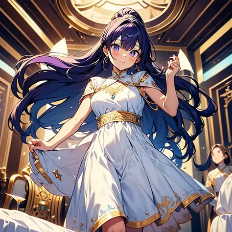 highest quality,(highest quality)),((table top)),((perfect face)),(background blur),A girl wearing a white and light blue dress,purple eyes,purple hair, full body, ponytail,Brave,small breasts,fantasy