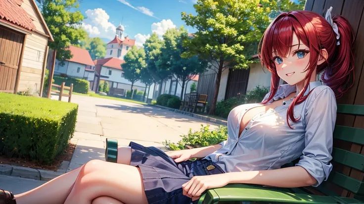 1girl, summer, village, trees, sun, clouds, ((colorful hair)), ponytail, large breasts, button down, blue eyes, ((red, white and green shirt)), ((unbuttoned shirt)), unbuttoning buttons, ((short sleeved shirt)), black mini skirt, brown shoes, grin, looking...