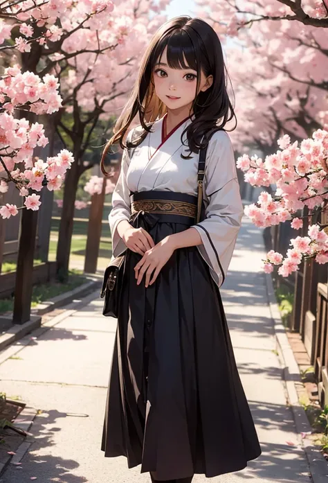 photo realistic, (masterpiece, best quality), 1girl,cute,baby face,japanese Taisho-era school girl wearing a kimono(cherry blossom pattern kimono) and long skirt(navy skirt) and brown boots,long straight hair,eyes with large brown irises, small mouth, fres...