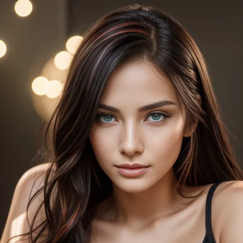 Young woman in realistic high definition image, digital influencer, green eyes, black hair with red highlights, clear skin, perfect face, doing a photo shoot.