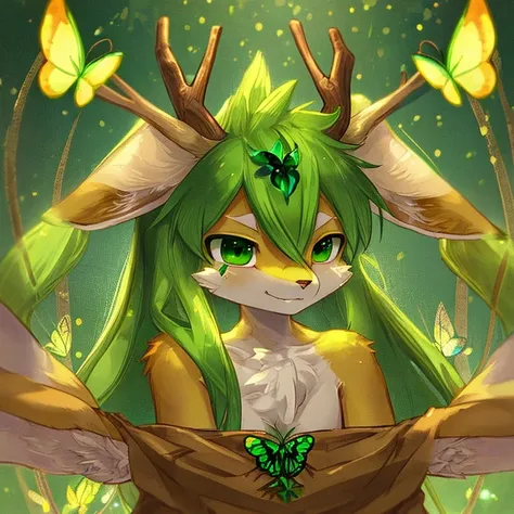 Fennec fox，deer antlers，green-eyed，There are green butterfly marks on the forehead，Light green hair，alone，