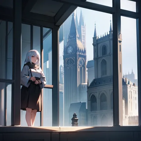 Young girl, silver hair, imprisoned on the top floor of a cold, lonely tower, looking out the window.