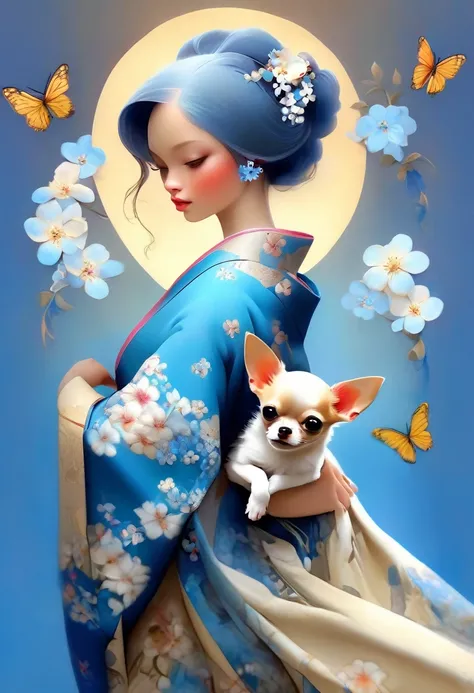 A beautiful woman in a kimono decorated with Chinese forget-me-not flowers stands like a beautiful model、holding a small chihuahua in his arms,,whole body,Butterflies dance,Forget-me-not flowers with a valley in the background, background number 28,beautif...