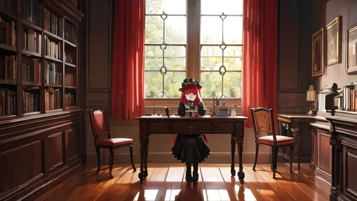 Gothic Lolita,classic,look down,red hair,long hair girl,Victorian era,Large study room,Queen