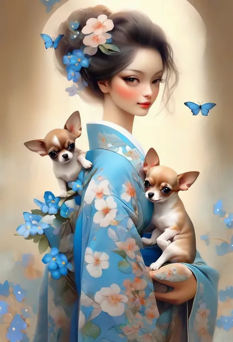 A beautiful woman in a kimono decorated with Chinese forget-me-not flowers stands like a beautiful model、holding a small chihuahua in his arms,,whole body,Butterflies dance,Forget-me-not flowers with a valley in the background, background number 28,beautif...