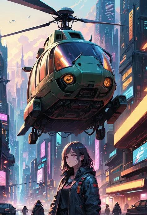 girl, helicopter, cyberpunk city, brandon woelfel style page, detailed background, realistic, movie still, best quality, masterp...