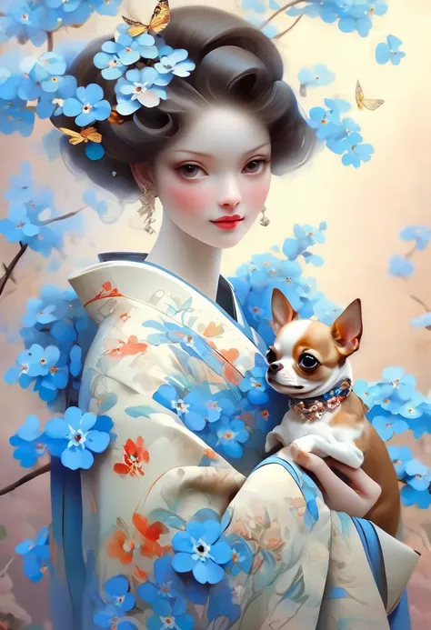 A beautiful woman in a kimono decorated with Chinese forget-me-not flowers stands like a beautiful model、holding a small chihuahua in his arms,,whole body,Butterflies dance,Forget-me-not flowers with a valley in the background, background number 28,beautif...