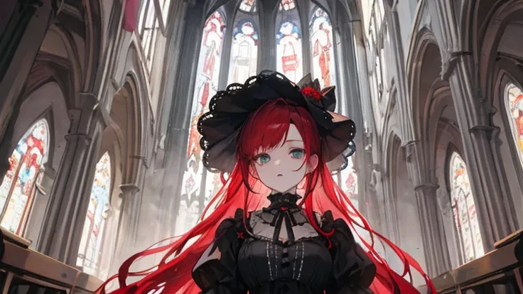 Gothic Lolita,classic,look down,red hair,long hair girl,Victorian era,church,Queen,Goth Metal