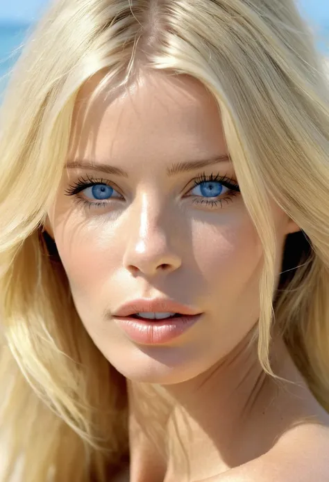 Claudia Schiffer, 20 years old, ultra-detailed, hyperrealistic, on the beach,nude, pussy, perfect face , perfect body, nude, perfect pussy, light blond hair, blue eyes, beautiful eyes, perfect, perfect woman, perfect body