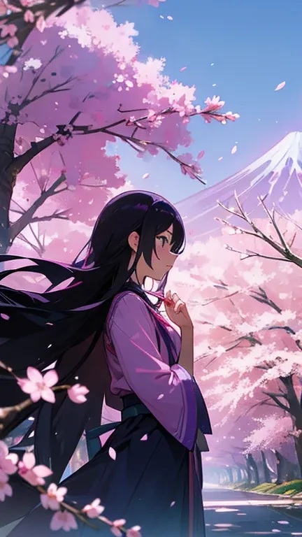 townscape (( pink and purple lighting)) Pink flower tree , performer , blue sky , yellow and blue ,Cherry blossoms that look like Mt. Fuji can be seen in the background,Shining cherry blossoms,Sparkling,woman looking up at cherry blossoms,vast landscape,lo...