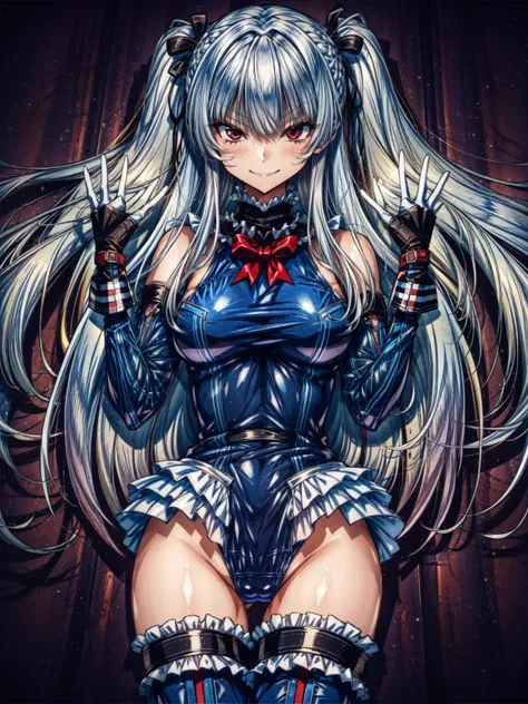 perfect anatomy, highest quality, marirose,evil smile,provocative attitude
,(Girls imprisoned in prison:1.1),evil smile,anime style,(ruffle swimsuit, Thighhighs, removed sleeve), (anime style:1.4) ,
silver hair,(White fingers:1.1,black gloves),very long ha...