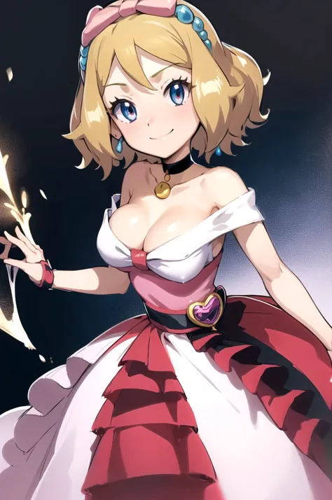 masterpiece, best quality, 1girl,serena (pokemon), short hair, blonde hair, blue eyes, eyelashes, black choker, hair bow, dress, collarbone, large breasts, upper body, smile, looking at viewer, solo, simple background 