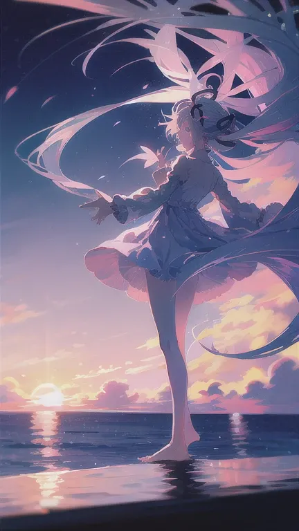 highest quality, masterpiece, 1 girl, beach,  (gray hair:1.2), long hair, ocean, dress, day, null, horizon, outdoor, sand, blue ...