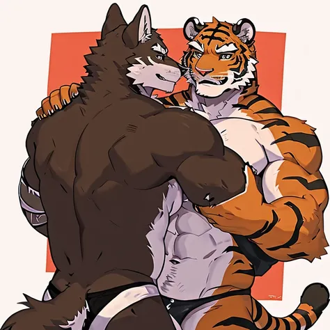 there is a cartoon of a tiger and a dog wrestling, furry chest, muscular wolf hug muscular tiger