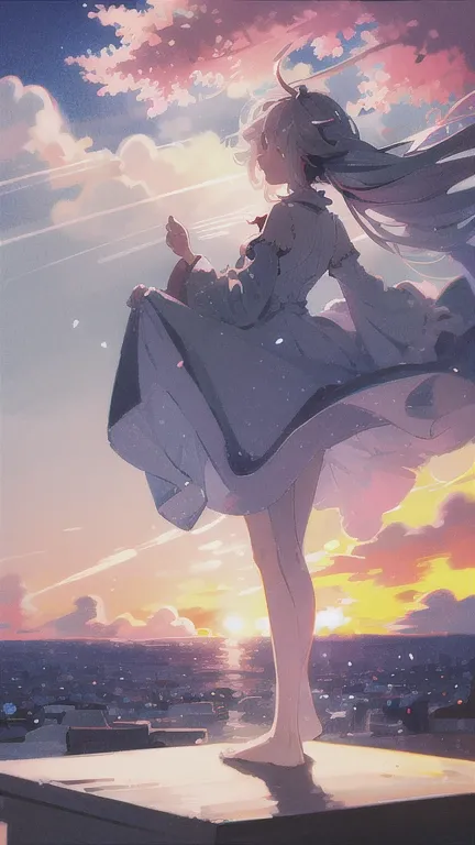 highest quality, masterpiece, 1 girl, beach,  (gray hair:1.2), long hair, Ocean, dress, Day, null, horizon, outdoor, sand, blue null, barefoot, cloud, sun, Are standing, smile, water, white dress, alone, closed my eyes, floating hair, sun, full body, Are s...