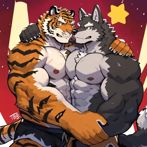 there is a cartoon of a tiger and a dog wrestling, furry chest, muscular wolf hug muscular tiger back