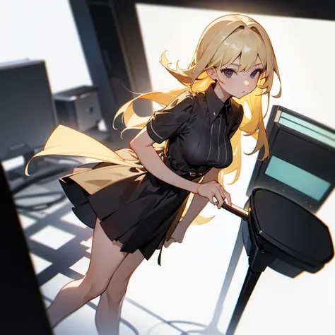 short stature, girl, blonde hair, loose, long hair, black eyes, Dress, short sleeves, Short skirt, фиолетовое Dress, White background, full height, black shoes, Medium breasts, against the backdrop of the studio at the computers