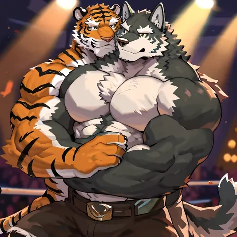 there is a cartoon of a tiger and a dog wrestling, furry chest, muscular wolf hug muscular tiger back, muscular wolf stand behind, hug from behind