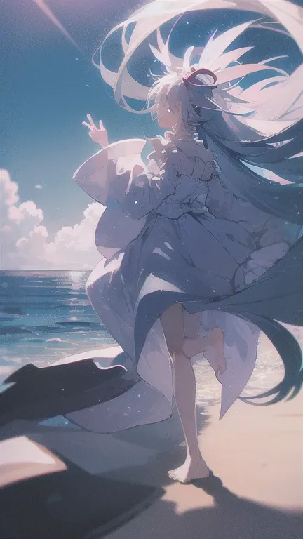 highest quality, masterpiece, 1 girl, beach,  (gray hair:1.2), long hair, Ocean, dress, Day, null, horizon, outdoor, sand, blue null, barefoot, cloud, sun, Are standing, smile,  white dress, alone, closed my eyes, floating hair, sun, full body, Are standin...