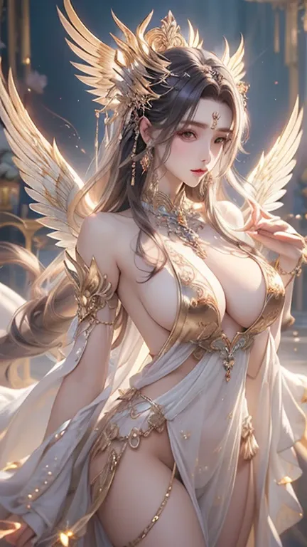 a sexy  young girl with angel wings  in nipple clamp clitoral jewelry vaginal chain, dangles clip on nipple rings luxury jewelry body, beautiful goddess, full - body majestic angel, as a mystical valkyrie, extremely detailed artgerm, angel knight girl, bea...