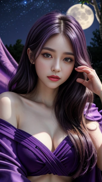 (8k, masterpiece, best quality), ultra-detailed, detailed beautiful round eyes, beautifully detailed face, high quality, high resolution, 1 girl, medium breast, (purple cloth:1.5), (bare waist:1.2), nighttime, full moon night garden background,