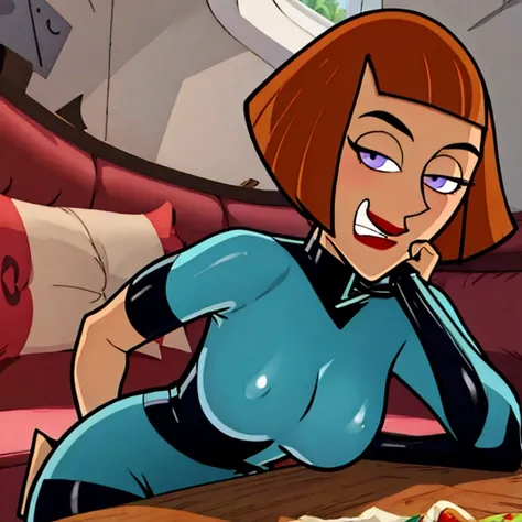 maddie fenton, thinking about danny, horny, at the kitchen table, latex bodysuit, medium close-up, drooling