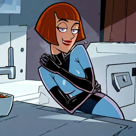 maddie fenton, thinking about danny, horny, at the kitchen table, latex bodysuit, medium close-up, suggests we should have sex