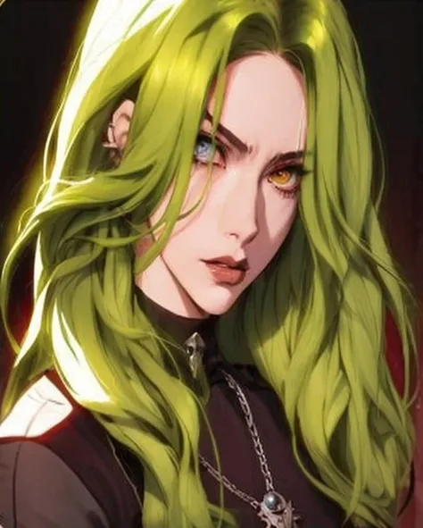 um close de uma pessoa com cabelo verde e um colar, Fanart de Rui Demon Slayer, demon slayer art style, flowing green hair, Senhor Supremo Billie Eilish, portrait knights of the zodiac girl, 1 7 Year Old Goth Anime Girl, estilo de arte de anime de alta qua...