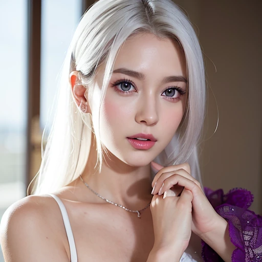 Masterpiece,photorealistic,photorealism,best quality,ultra-detailed:1.3),(nice hands,perfect hands),official art,cinematic light,(1girl:1.3),adult,realistic sexy girl,white hair.purple eyes.wearing a stylish very sexy ,with a funny expression on her face,f...