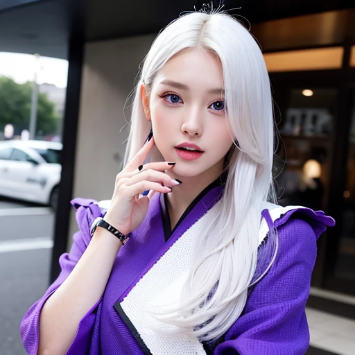 Masterpiece,photorealistic,photorealism,best quality,ultra-detailed:1.3),(nice hands,perfect hands),official art,cinematic light,(1girl:1.3),adult,realistic sexy girl,white hair.purple eyes.wearing a stylish very sexy ,with a funny expression on her face,f...