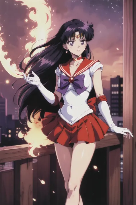 masterpiece, best quality, highres, sama1, tiara, sailor senshi uniform, white gloves, red sailor collar, red skirt, star choker, elbow gloves, pleated skirt, bare legs, purple bow, magic, crescent moon, city standing, cowboy shot, fire_particles, 1990s (s...