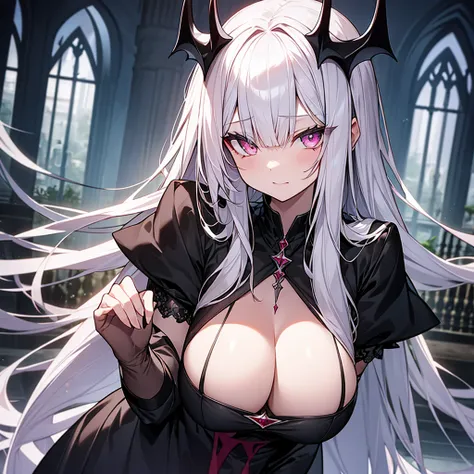 silver hair、slanted eyes、pink eyes、A beautiful girl with long hair、vampire、bat、cold look、Blood on the skin、black dress、big breasts、devil castle