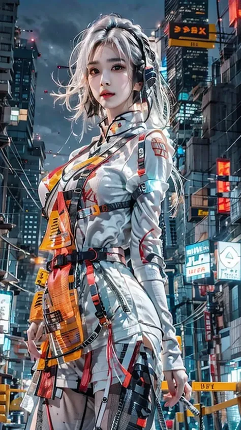 1 girl, Chinese_clothes, liquid silver and orange, cyberhan, cheongsam, cyberpunk city, dynamic pose, detailed luminous headphones, glowing hair accessories, long hair, glowing earrings, glowing necklace, cyberpunk, high-tech city, full of mechanical and f...