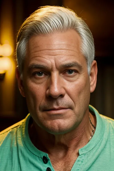 (a 60-year-old white man, disgusting, chubby muscled, dad, white hair, upscale bar, buttoned green shirt, masculine),(oil painting),(detailed background of a luxury bar with dimmed lighting),(best quality, highres:1.2),(realistic),(portrait),(warm color to...