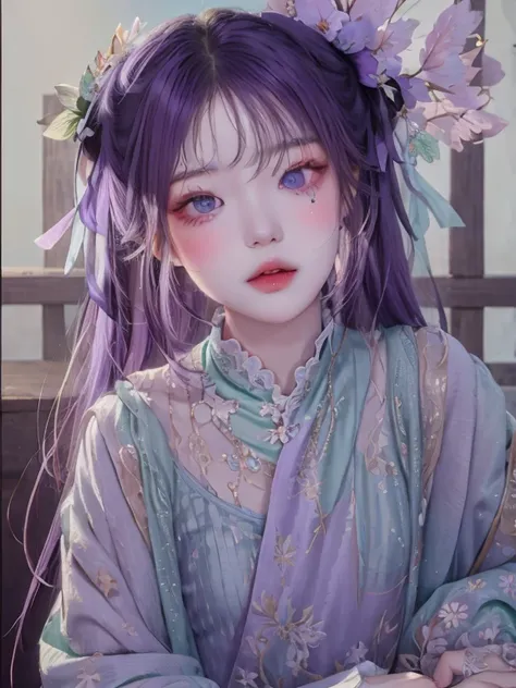 girl with purple eyes and a mint dress, modelshoot style, pastel palette, masterpiece, diversity, ((perfect face)), purple hair