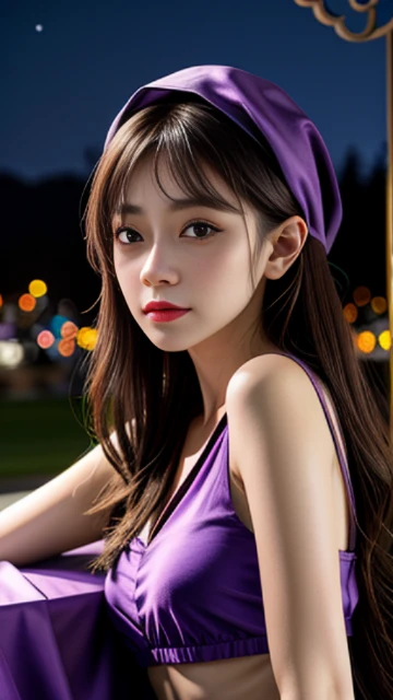 (8k, masterpiece, best quality), ultra-detailed, detailed beautiful round eyes, beautifully detailed face, high quality, high resolution, 1 girl, medium breast, (purple cloth:1.5), (bare waist:1.2), nighttime, half moon night garden background,