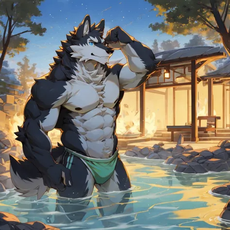 "(best quality,highres,artwork:1.2),, furry wolf,perfect detailed eyes,short hair,medium muscular body,adult,cool pose,handsome,bare-chested,attractive,fierce,all white,body soaking in a hot spring"