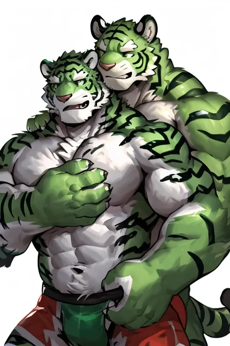 a green tiger and a white tiger wrestling, furry chest, muscular green tiger hug muscular white tiger back, muscular green tiger stand behind, hug from behind, white background, perfect hand, thick furry neck and chest fluff,  by lindong, by nullghost