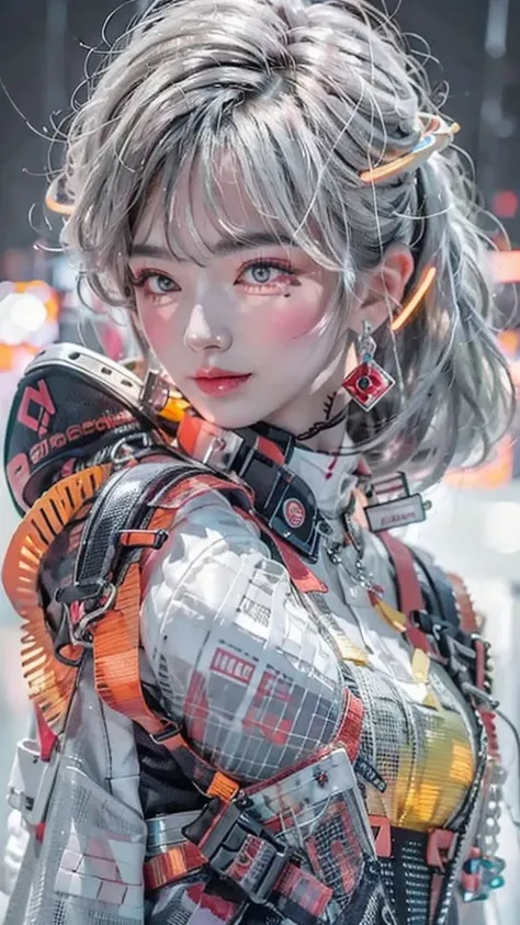 Samurai girl,1 girl, solo,super full havy samurai outfit , liquid silver and orange, cyberhan, cheongsam, cyberpunk city, dynamic pose, glowing hair accessories, pony hair, glowing earrings, glowing necklace, high-tech city, full of samurai sword and futur...