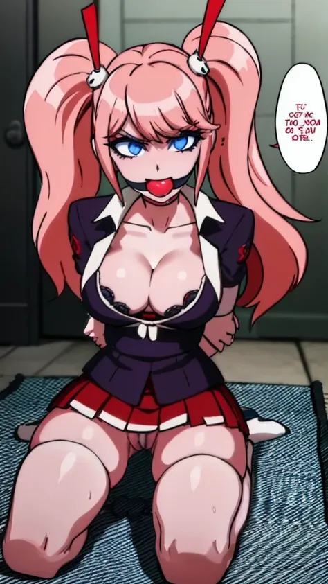 junko enoshima, long hair, bangs, blue eyes, pink hair, hair ornament, twintails, bear hair ornament, skirt, shirt, bow, cleavage, underwear, collarbone, necktie, choker, bra, red bow, black bra, sleeves rolled up, red skirt, frown, tetas medianas, muslos ...